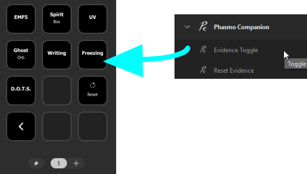 Dragging Evidence Toggle actions onto Stream Deck keys
