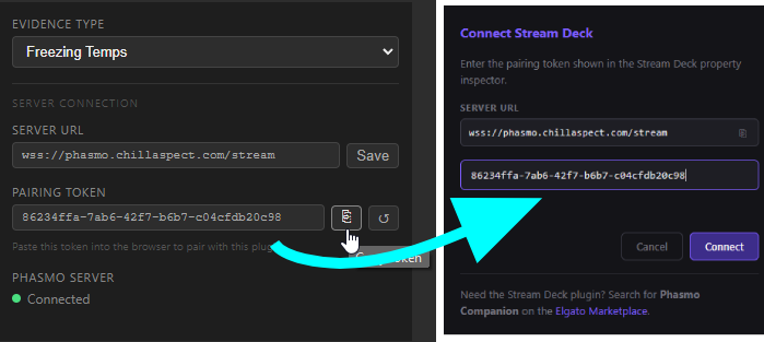 Pasting the pairing token into the Phasmo Companion web app
